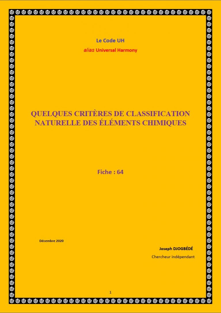 Fiche 64: QUELQUES CRITÈRES DE CLASSIFICATION NATURELLE DES ÉLÉMENTS CHIMIQUES