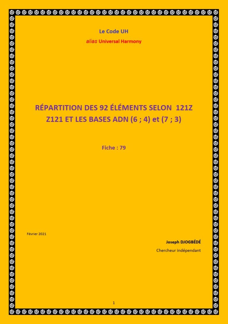Fiche 79: RÉPARTITION DES 92 ÉLÉMENTS SELON V  U 121Z et Z121 ET LES BASES ADN (6; 4) et (7; 3)