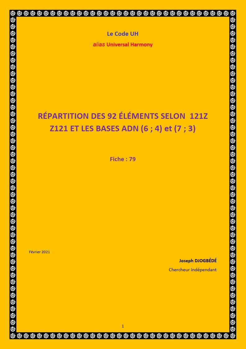 Fiche 79: RÉPARTITION DES 92 ÉLÉMENTS SELON V  U 121Z et Z121 ET LES BASES ADN (6; 4) et (7; 3)